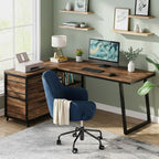Bureau d'Angle en L avec 3 Tiroirs et Étagères - Station de Travail Industrielle 135 cm
