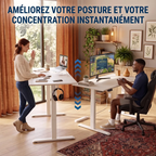 Démonstration du système assis-debout du bureau en L Kinetik-L mettant en avant l'amélioration de la posture en télétravail et gaming.