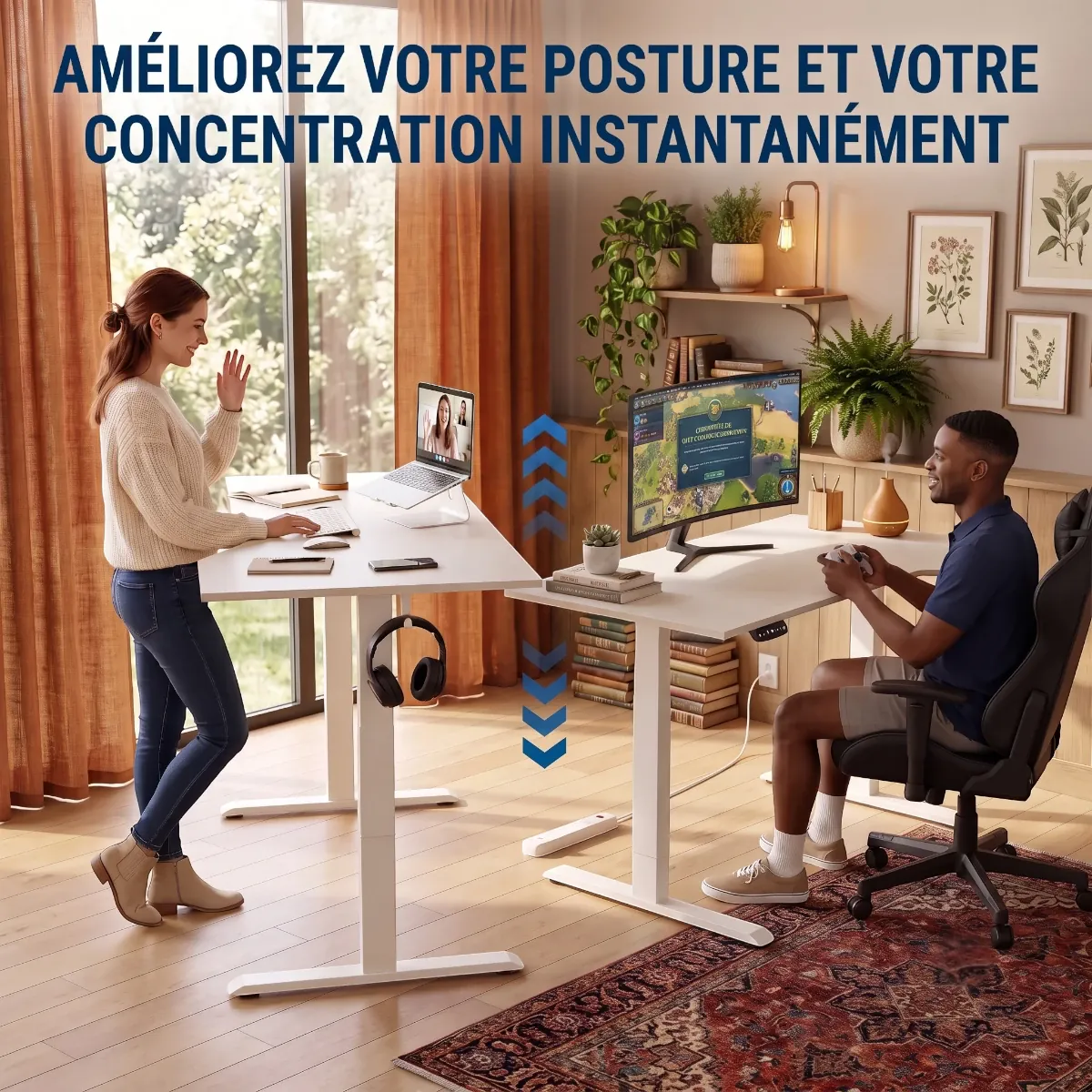 Démonstration du système assis-debout du bureau en L Kinetik-L mettant en avant l'amélioration de la posture en télétravail et gaming.