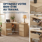 Infographie du bureau d'angle Nook détaillant les tiroirs profonds et l'organisation intelligente
