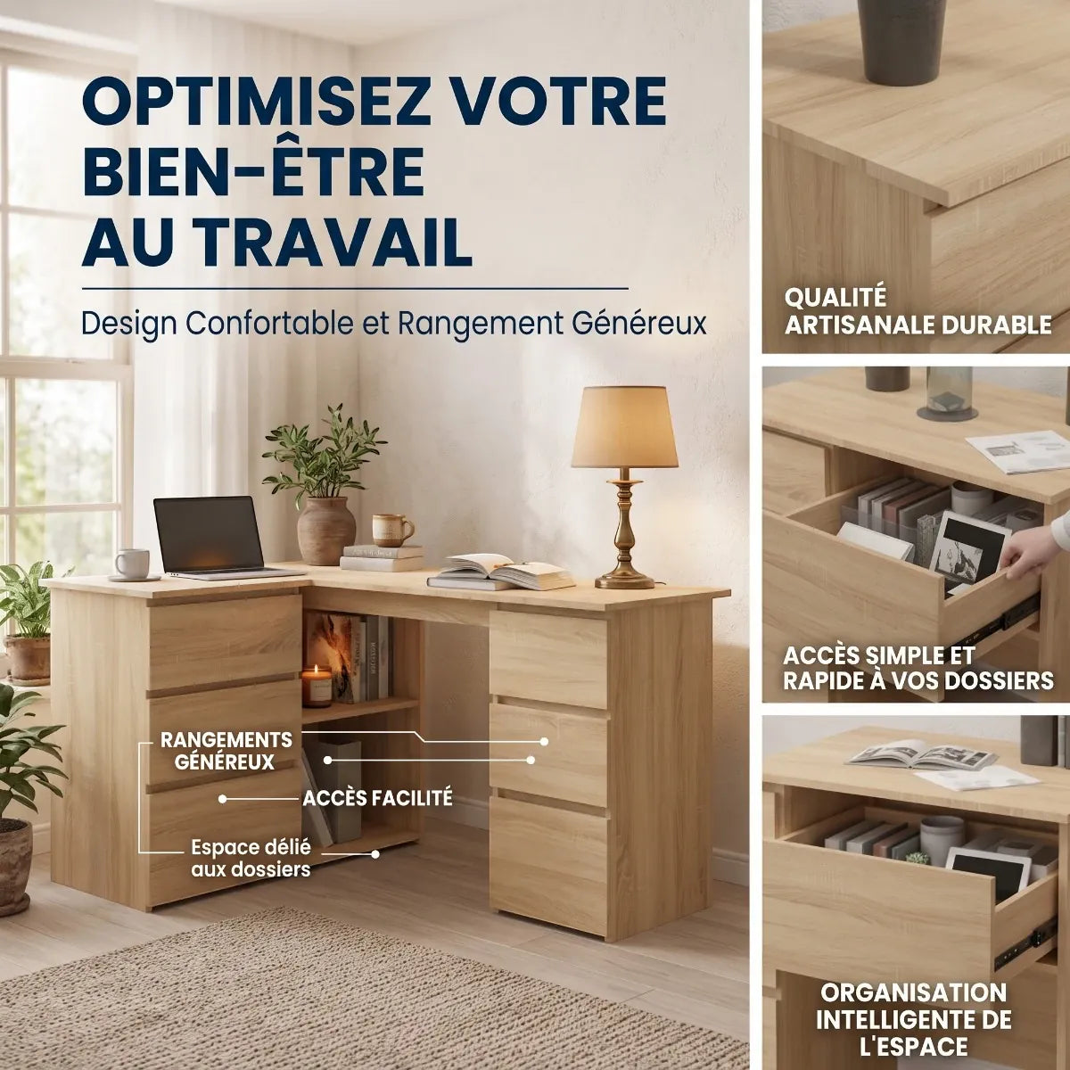 Infographie du bureau d'angle Nook détaillant les tiroirs profonds et l'organisation intelligente