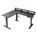 Bureau d'angle gaming assis-debout Kova Pro avec rangements isolés sur fond blanc.