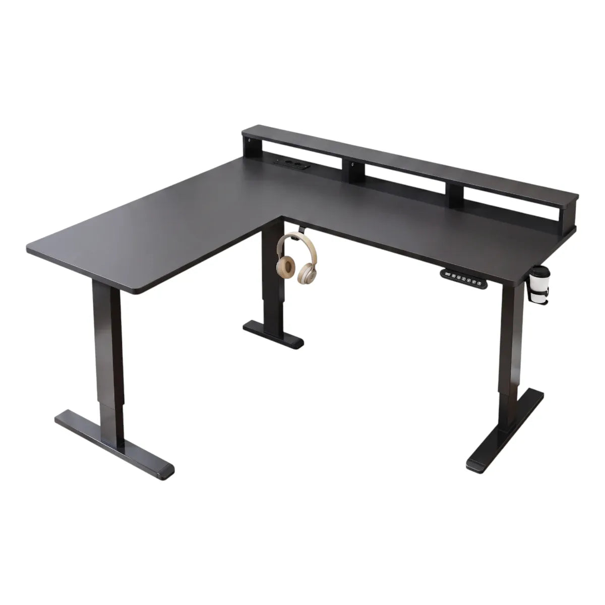 Bureau d'angle gaming assis-debout Kova Pro avec rangements isolés sur fond blanc.