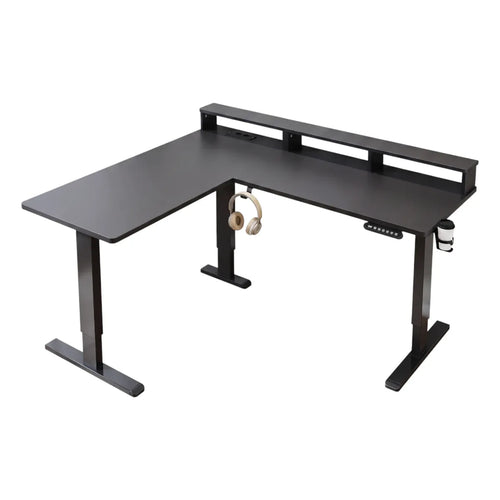 Bureau d'angle gaming assis-debout Kova Pro avec rangements isolés sur fond blanc.