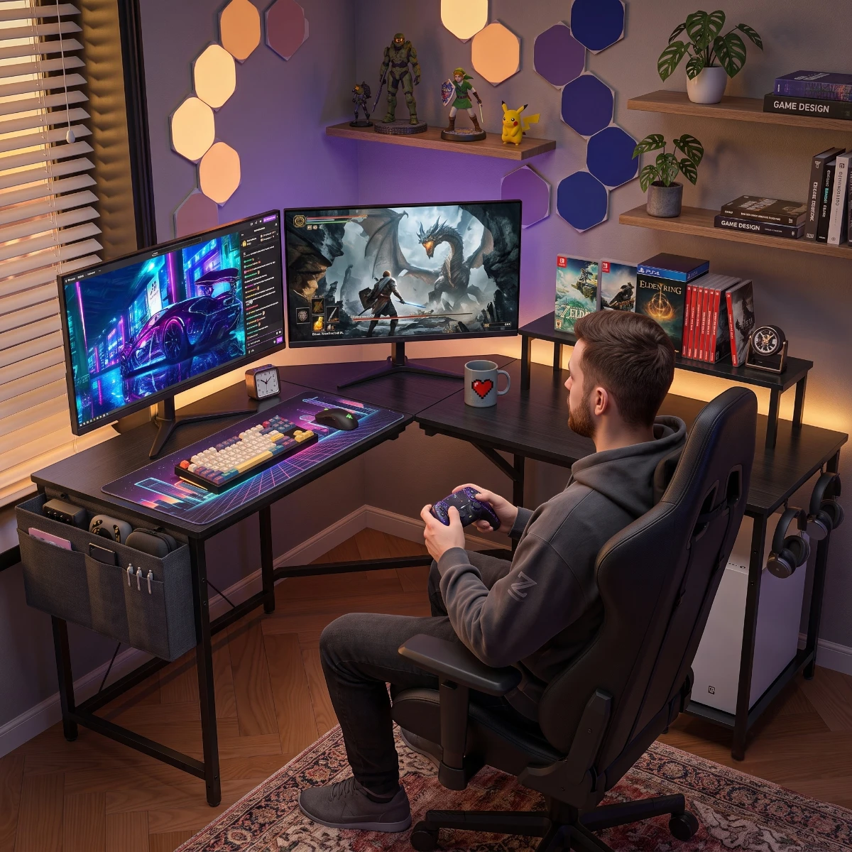 Setup gaming immersif chaleureux avec le bureau d'angle Centrix au cœur d'une pièce cosy éclairée par des panneaux LED hexagonaux.