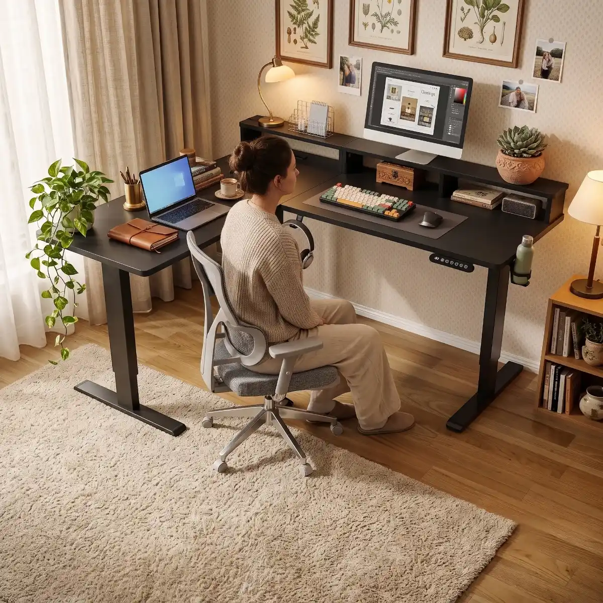 Une femme assise travaillant confortablement sur le bureau d'angle assis-debout Kova Pro dans un intérieur chaleureux.