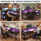 Mises en situation du bureau d'angle gaming L-Tech 136 en mode studio créatif, multitâche, jeu vidéo et gestion pro.