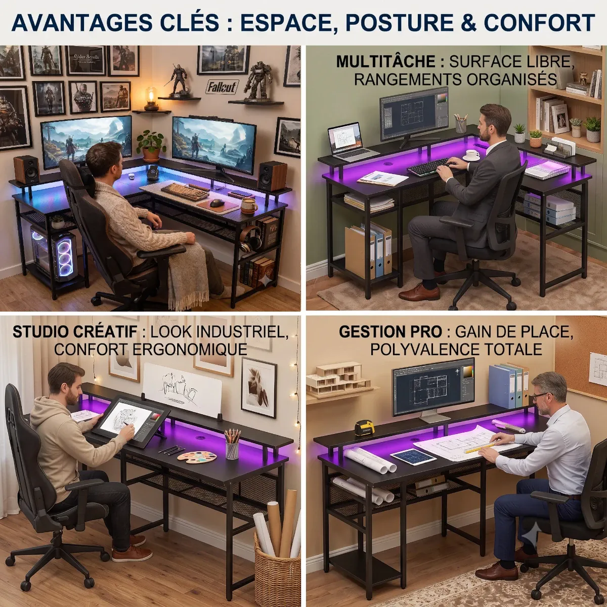 Mises en situation du bureau d'angle gaming L-Tech 136 en mode studio créatif, multitâche, jeu vidéo et gestion pro.