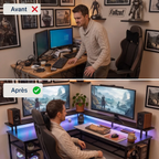 Image comparative avant après démontrant l'optimisation de l'espace et le confort du bureau d'angle gaming L-Tech 136.