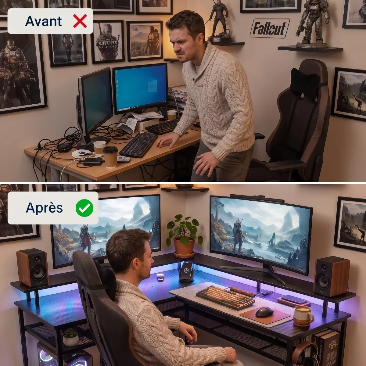 Image comparative avant après démontrant l'optimisation de l'espace et le confort du bureau d'angle gaming L-Tech 136.