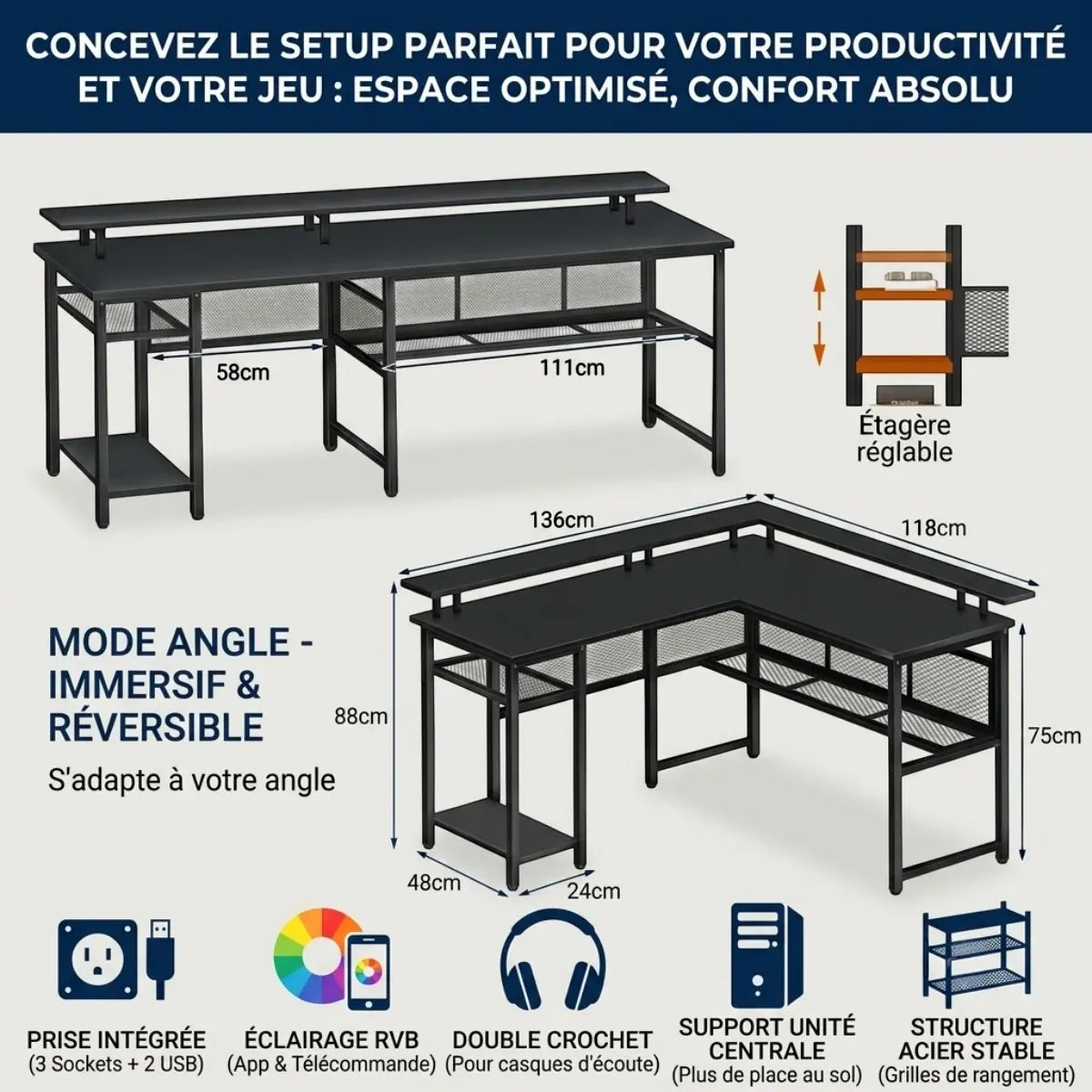 Plan technique des dimensions en centimètres et des caractéristiques clés du bureau d'angle gaming L-Tech 136.