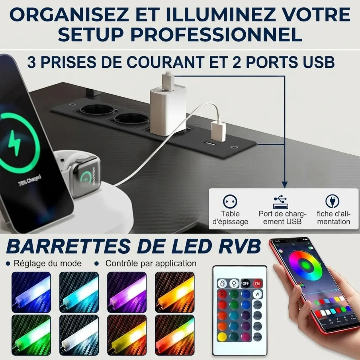 Gros plan sur le hub de recharge 3 prises et 2 ports USB avec l'application de contrôle des bandeaux LED du bureau d'angle gaming L-Tech 136.