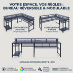 Les trois configurations possibles du bureau d'angle gaming L-Tech 136 : angle à gauche, angle à droite ou linéaire long.