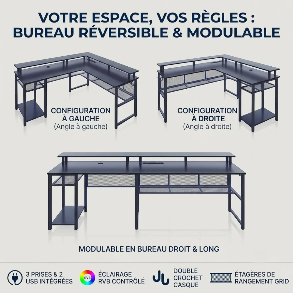 Les trois configurations possibles du bureau d'angle gaming L-Tech 136 : angle à gauche, angle à droite ou linéaire long.
