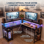 Infographie des bénéfices du bureau d'angle gaming L-Tech 136 mettant en avant la posture équilibrée et la structure stable.