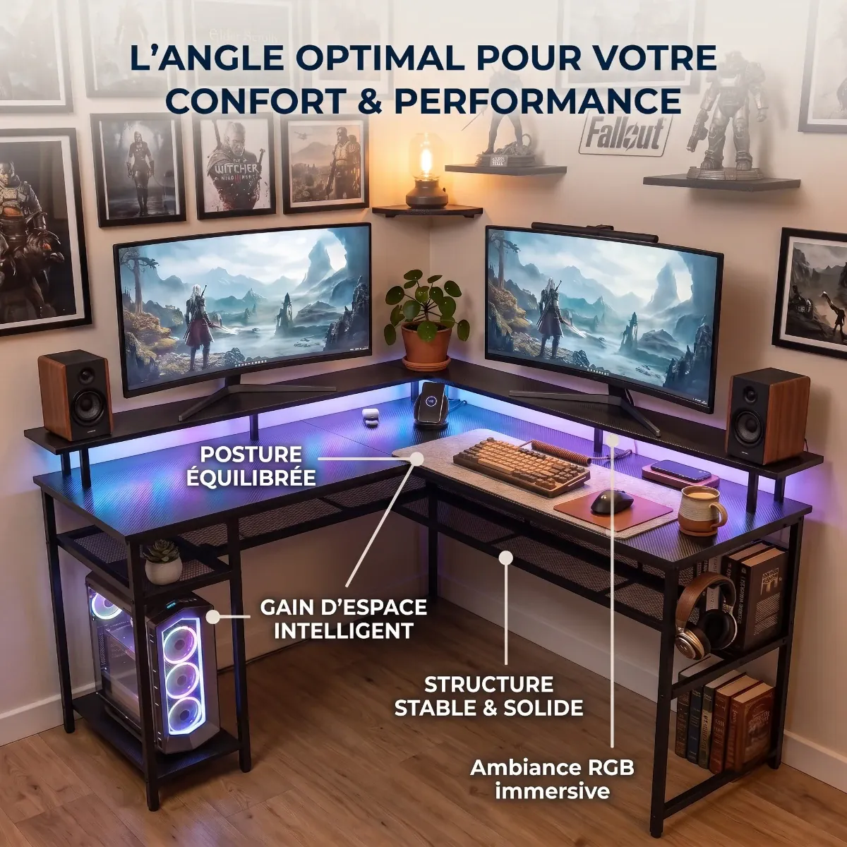Infographie des bénéfices du bureau d'angle gaming L-Tech 136 mettant en avant la posture équilibrée et la structure stable.