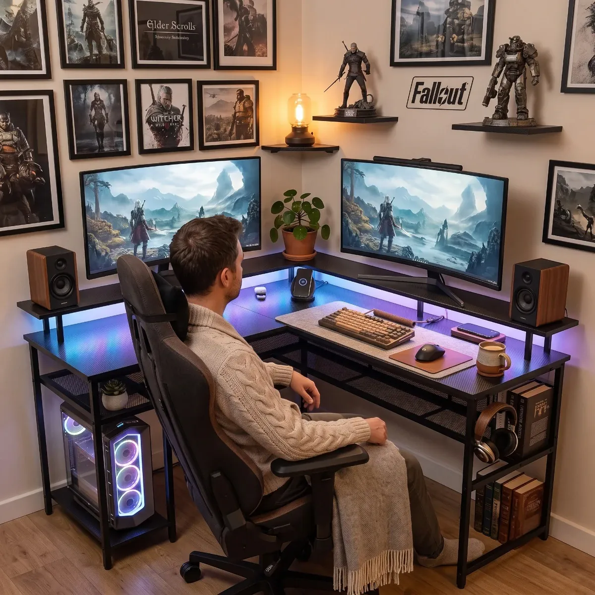 Setup immersif complet avec joueur assis sur sa chaise devant le bureau d'angle gaming L-Tech 136.