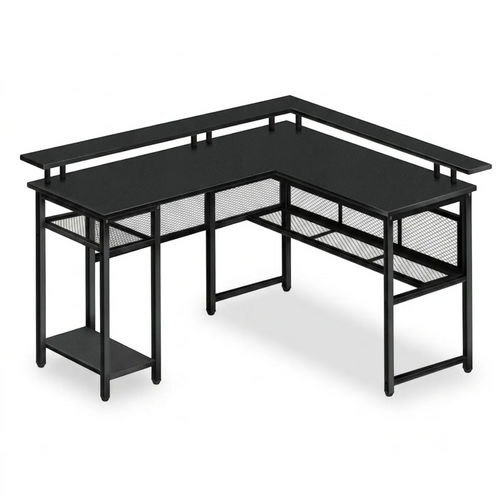 Bureau d'angle gaming L-Tech 136 noir mat en position centrale isolé sur fond blanc style studio.