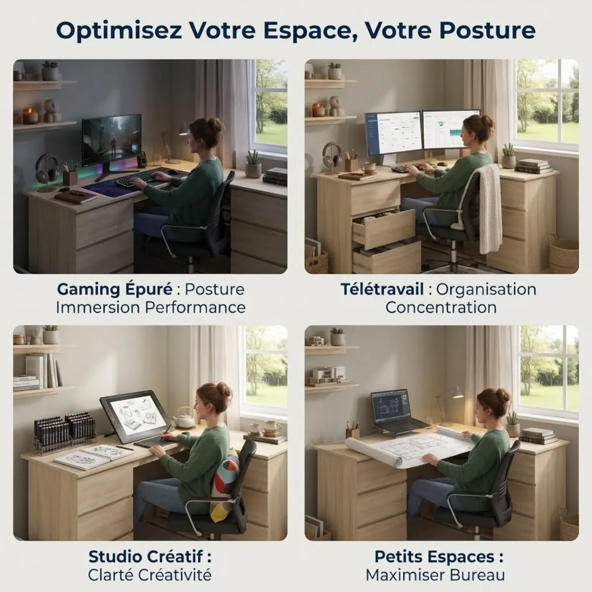 Les quatre configurations d'utilisation du bureau d'angle Nook pour le gaming, le studio créatif et le télétravail