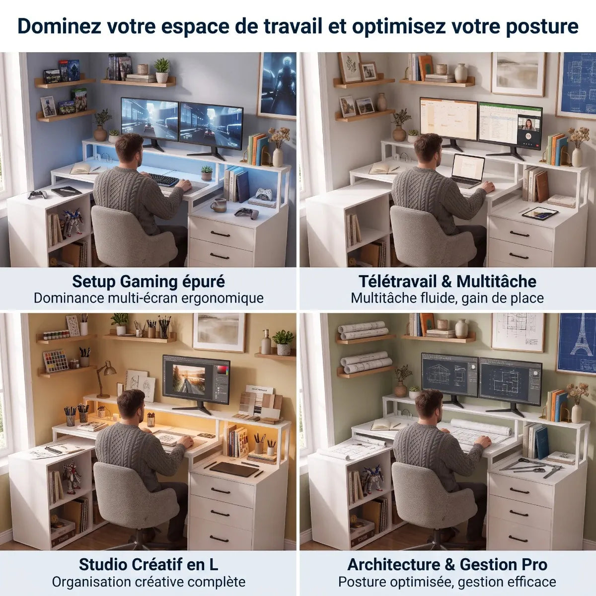 Les quatre configurations du bureau d'angle Sector : setup gaming, télétravail, studio créatif et architecture.