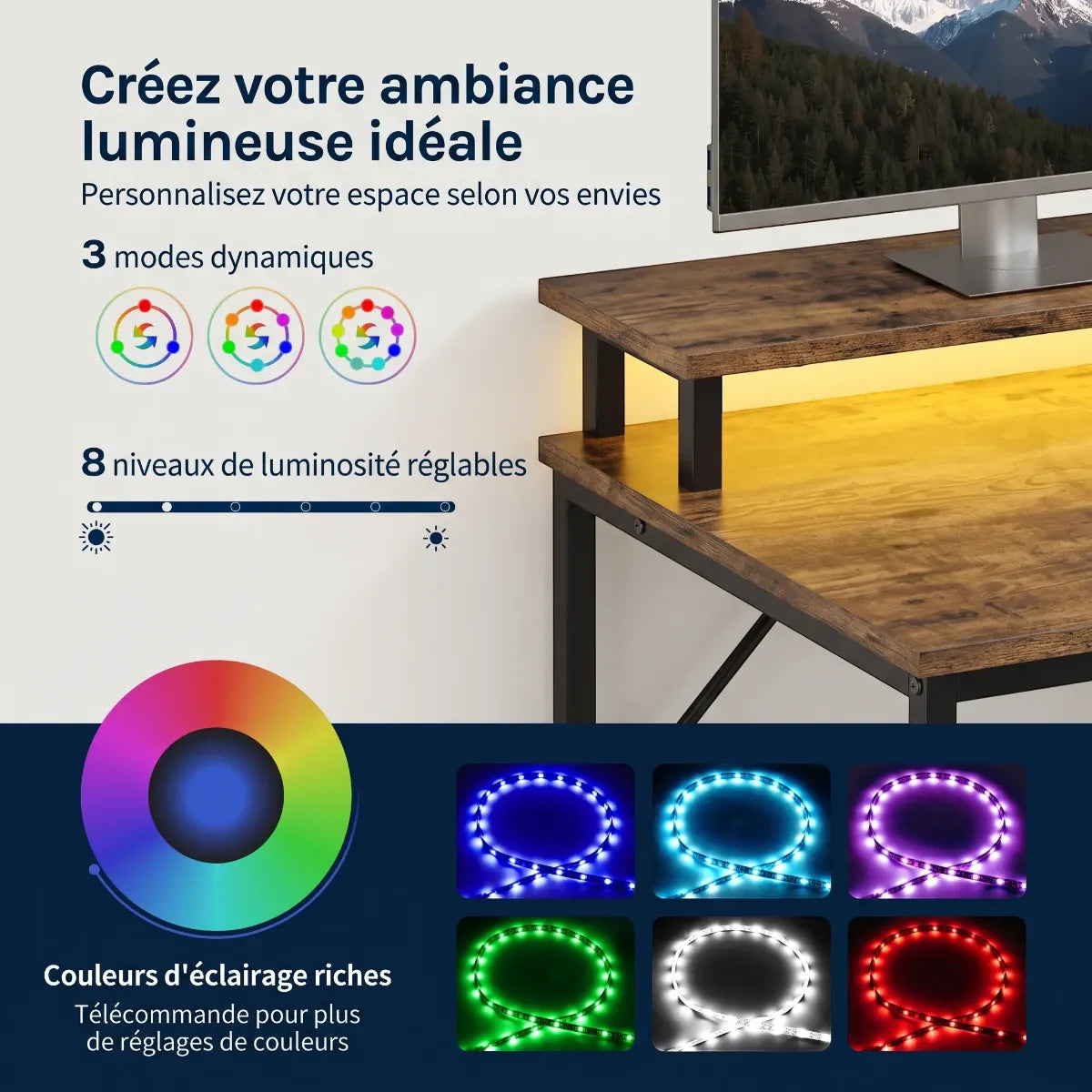 Rétroéclairage LED RGB ajustable sous le réhausseur d'écran du bureau gaming Volta