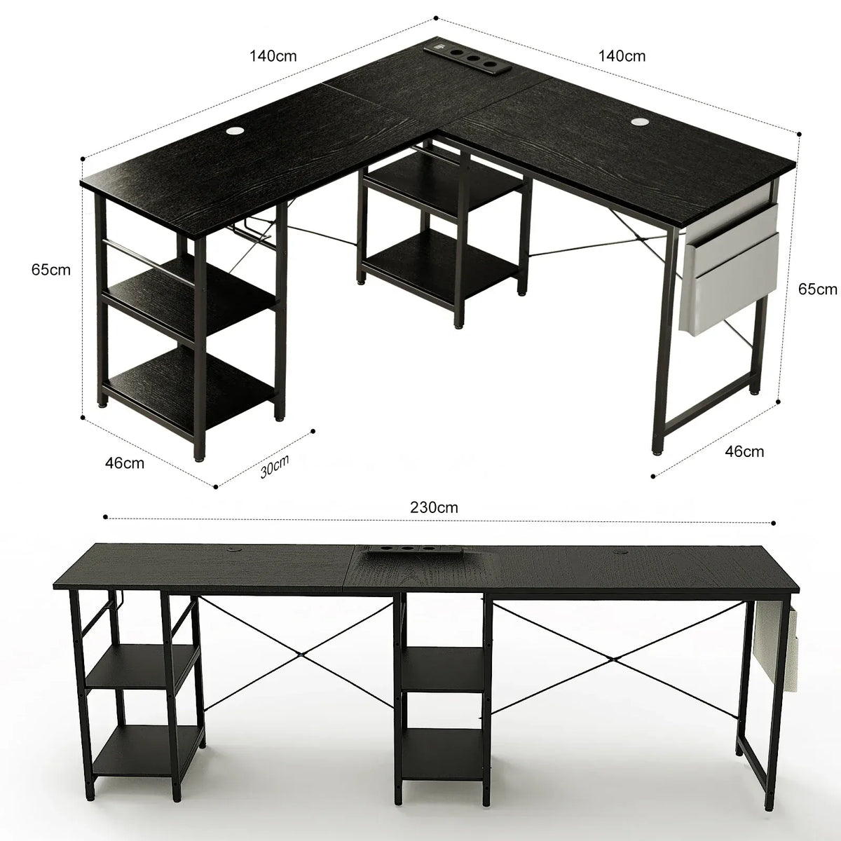 Bureau d'Angle Industriel 140/230 cm avec Rangements et Hub Électrique Intégré