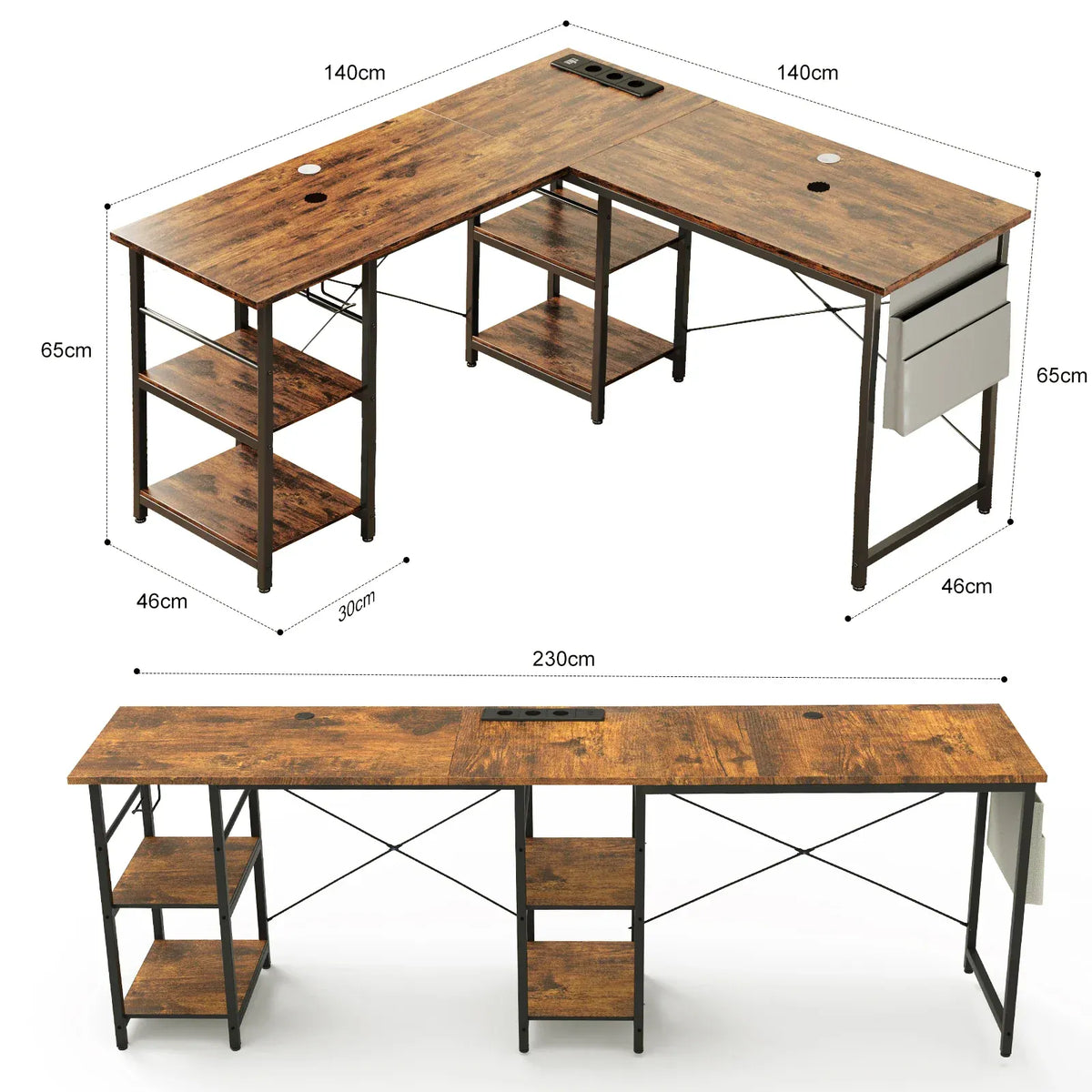 Bureau d'Angle Industriel 140/230 cm avec Rangements et Hub Électrique Intégré