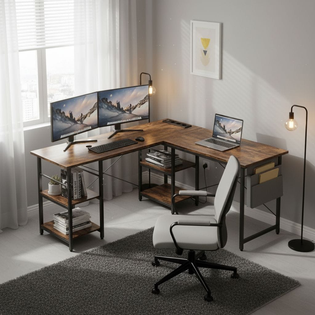 Bureau d'Angle Industriel 140/230 cm avec Rangements et Hub Électrique Intégré