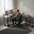 Bureau d'Angle Industriel 140/230 cm avec Rangements et Hub Électrique Intégré
