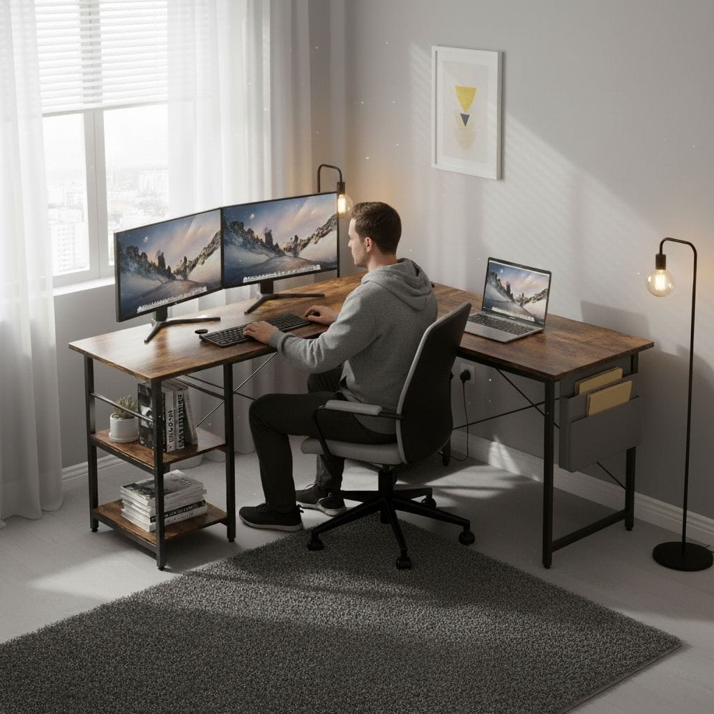 Bureau d'Angle Industriel 140/230 cm avec Rangements et Hub Électrique Intégré