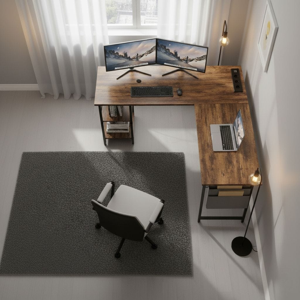 Bureau d'Angle Industriel 140/230 cm avec Rangements et Hub Électrique Intégré