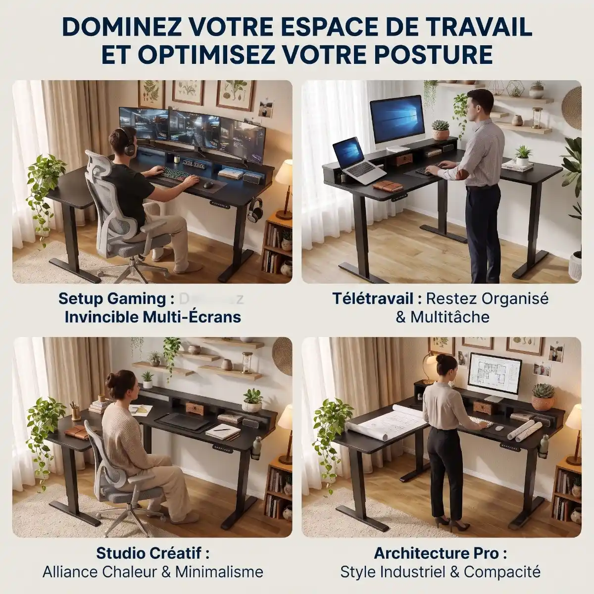 Les 4 configurations d'usage du bureau d'angle Kova Pro : gaming, télétravail, studio créatif et architecture.