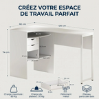 Infographie technique d'un bureau d'angle blanc "Kallisto" avec dimensions détaillées en cm (120x60x74 cm).
Affiche le stockage intégré (tiroirs, étagères), icônes de capacité (80Kg total, 30Kg plateau) et matériaux.