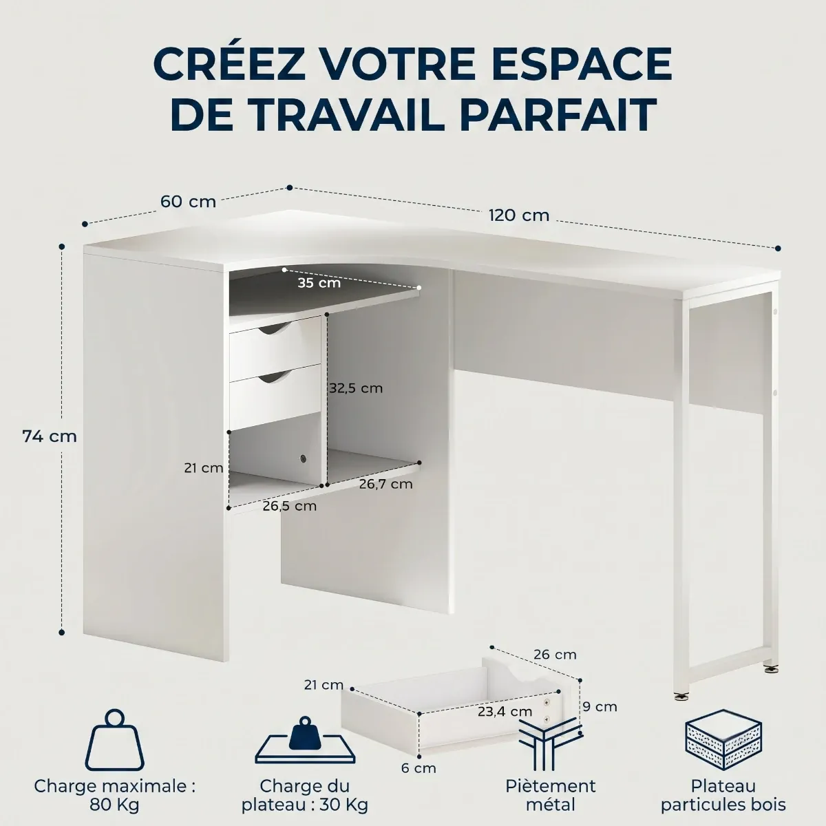 Infographie technique d'un bureau d'angle blanc "Kallisto" avec dimensions détaillées en cm (120x60x74 cm).
Affiche le stockage intégré (tiroirs, étagères), icônes de capacité (80Kg total, 30Kg plateau) et matériaux.