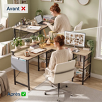 Comparatif avant après démontrant le gain de place grâce au bureau d'angle Kave.