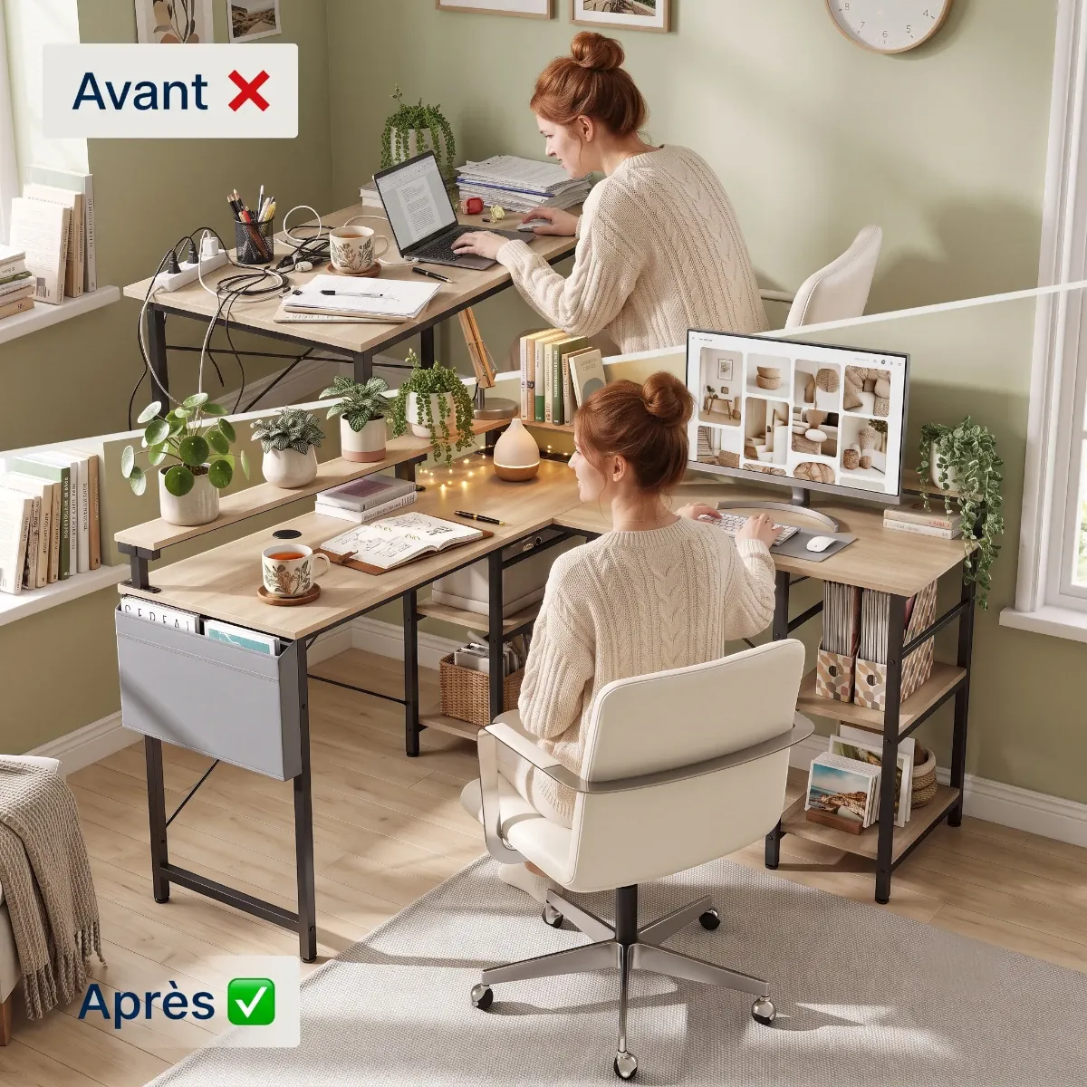 Comparatif avant après démontrant le gain de place grâce au bureau d'angle Kave.