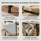 Zoom sur la multiprise encastrée, la pochette textile et le crochet du bureau d'angle Kave.