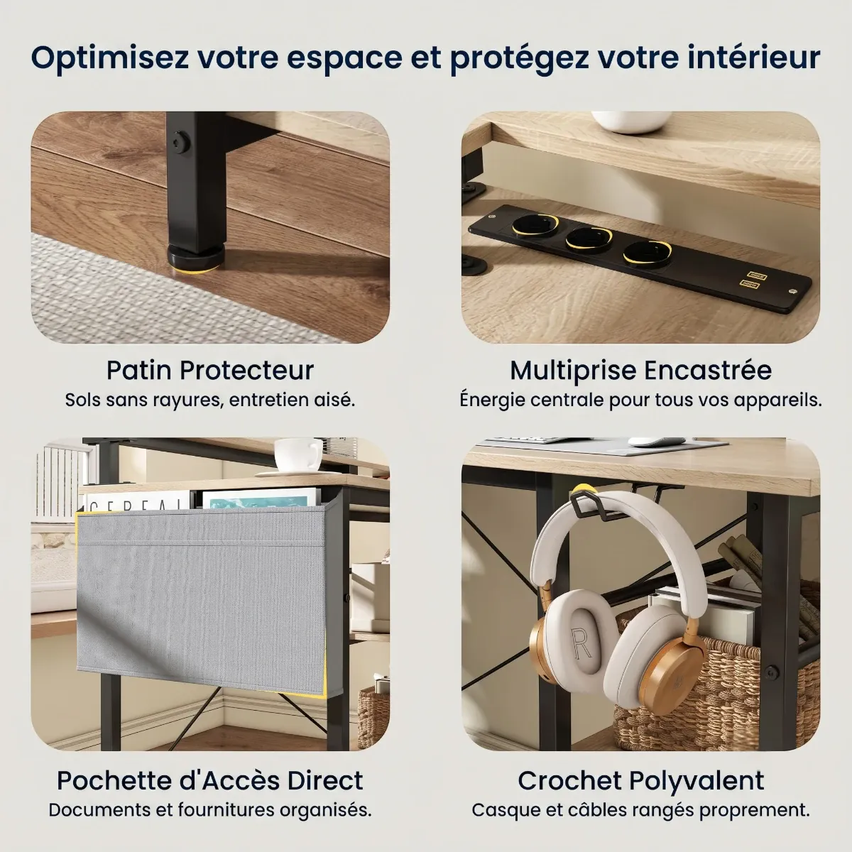 Zoom sur la multiprise encastrée, la pochette textile et le crochet du bureau d'angle Kave.