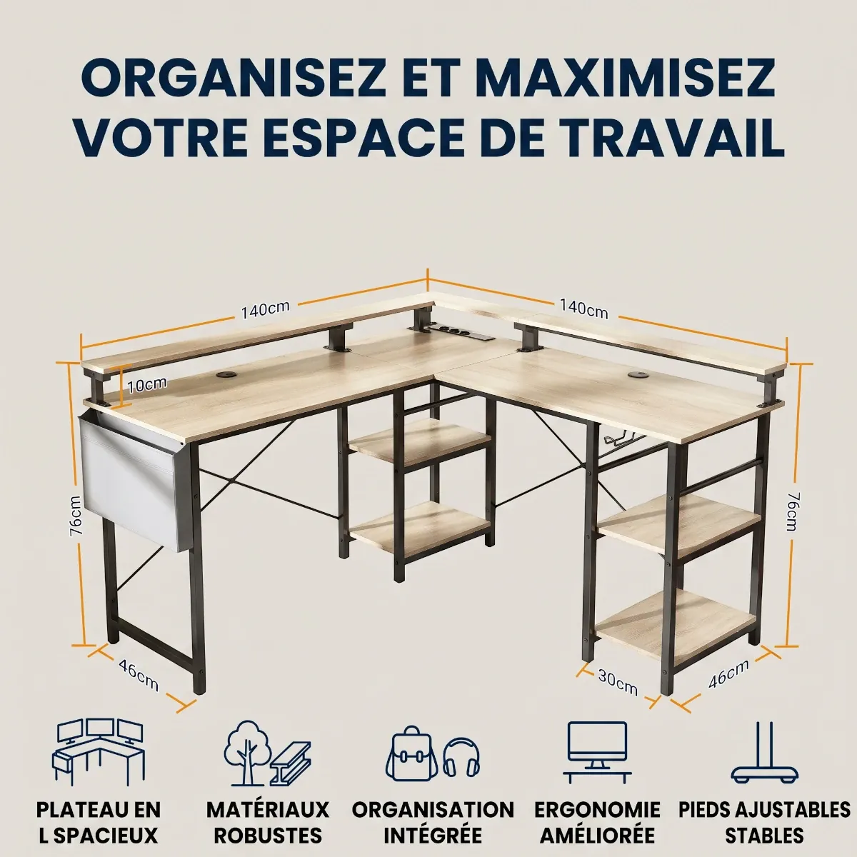 Schéma technique et dimensions exactes en centimètres du bureau d'angle Kave.