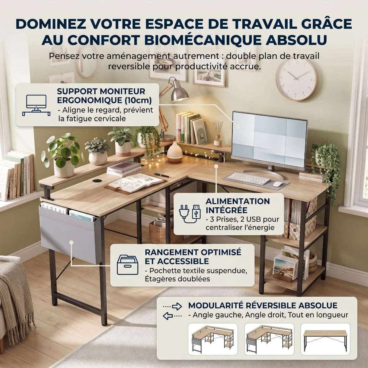 Infographie des bénéfices de confort biomécanique du bureau d'angle Kave.