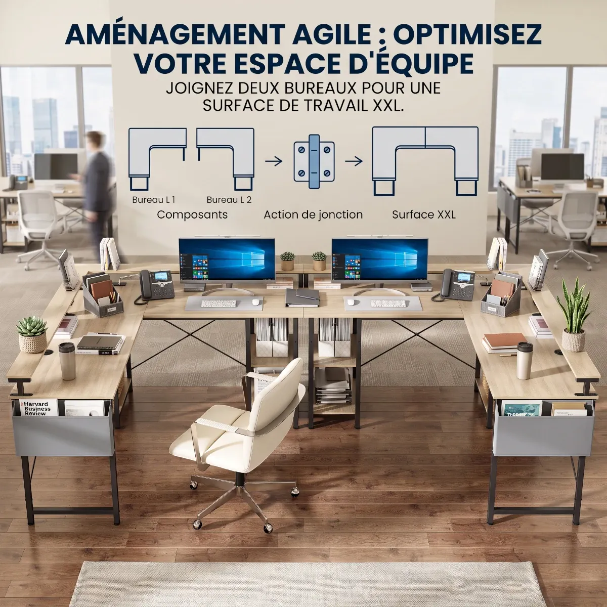 Jonction de deux bureaux d'angle Kave pour créer une surface de travail XXL.