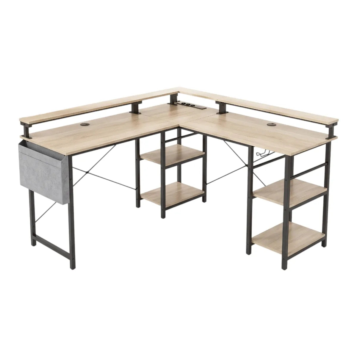 Bureau d'angle Kave en bois clair et métal noir isolé sur fond blanc.