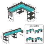 Bureau d'Angle Modulable avec LED RGB et Multiprise Intégrée - Configuration Gaming et Télétravail