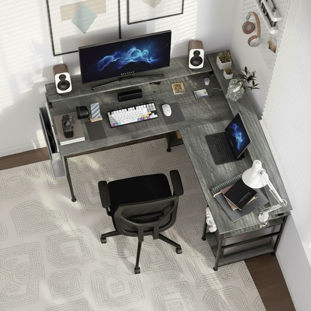 Bureau d'Angle Modulable avec LED RGB et Multiprise Intégrée - Configuration Gaming et Télétravail