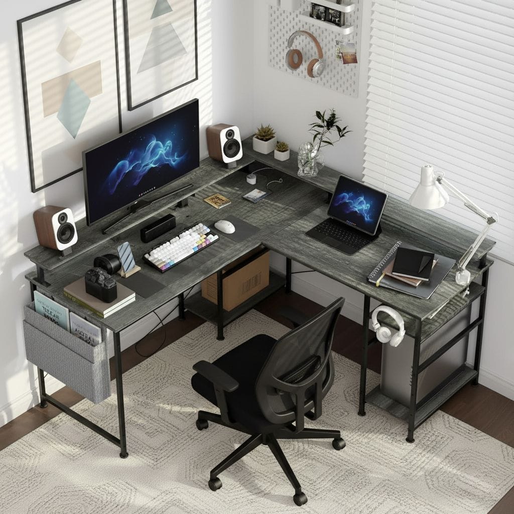 Bureau d'Angle Modulable avec LED RGB et Multiprise Intégrée - Configuration Gaming et Télétravail