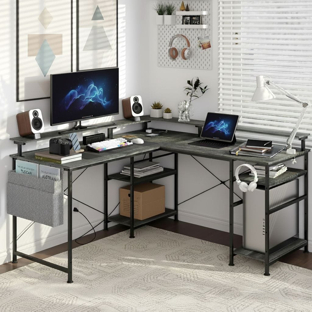 Bureau d'Angle Modulable avec LED RGB et Multiprise Intégrée - Configuration Gaming et Télétravail