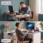 Comparatif avant après montrant l'optimisation de l'espace de travail grâce au bureau d'angle Optima blanc.