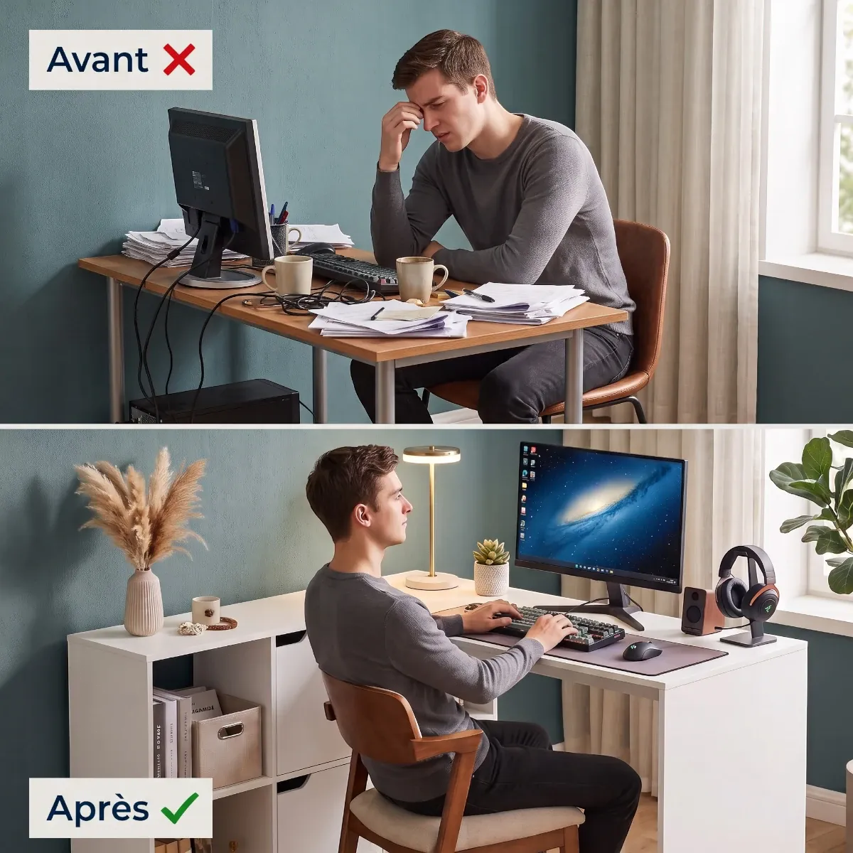 Comparatif avant après montrant l'optimisation de l'espace de travail grâce au bureau d'angle Optima blanc.