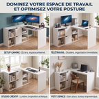 Les 4 cas d'utilisation du bureau d'angle Optima blanc : gaming, télétravail, studio créatif et petit espace.