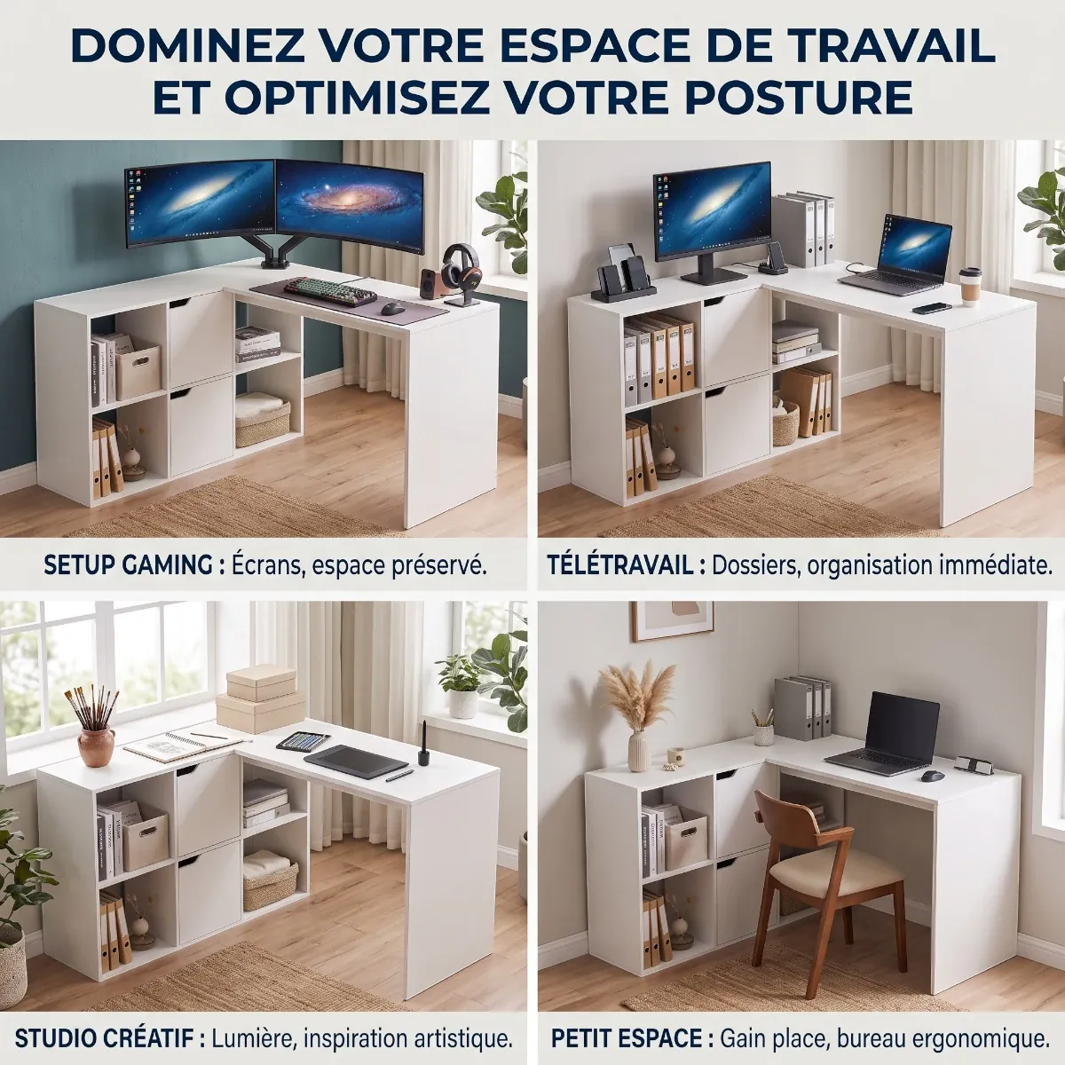 Les 4 cas d'utilisation du bureau d'angle Optima blanc : gaming, télétravail, studio créatif et petit espace.